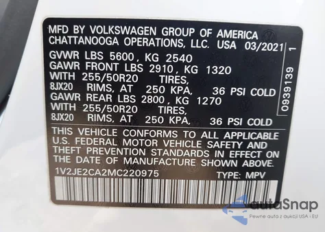 2021 Volkswagen Atlas Cross Sport 3.6L V6 Se W/Technology from USA, damaged, VIN 1V2JE2CA2MC220975